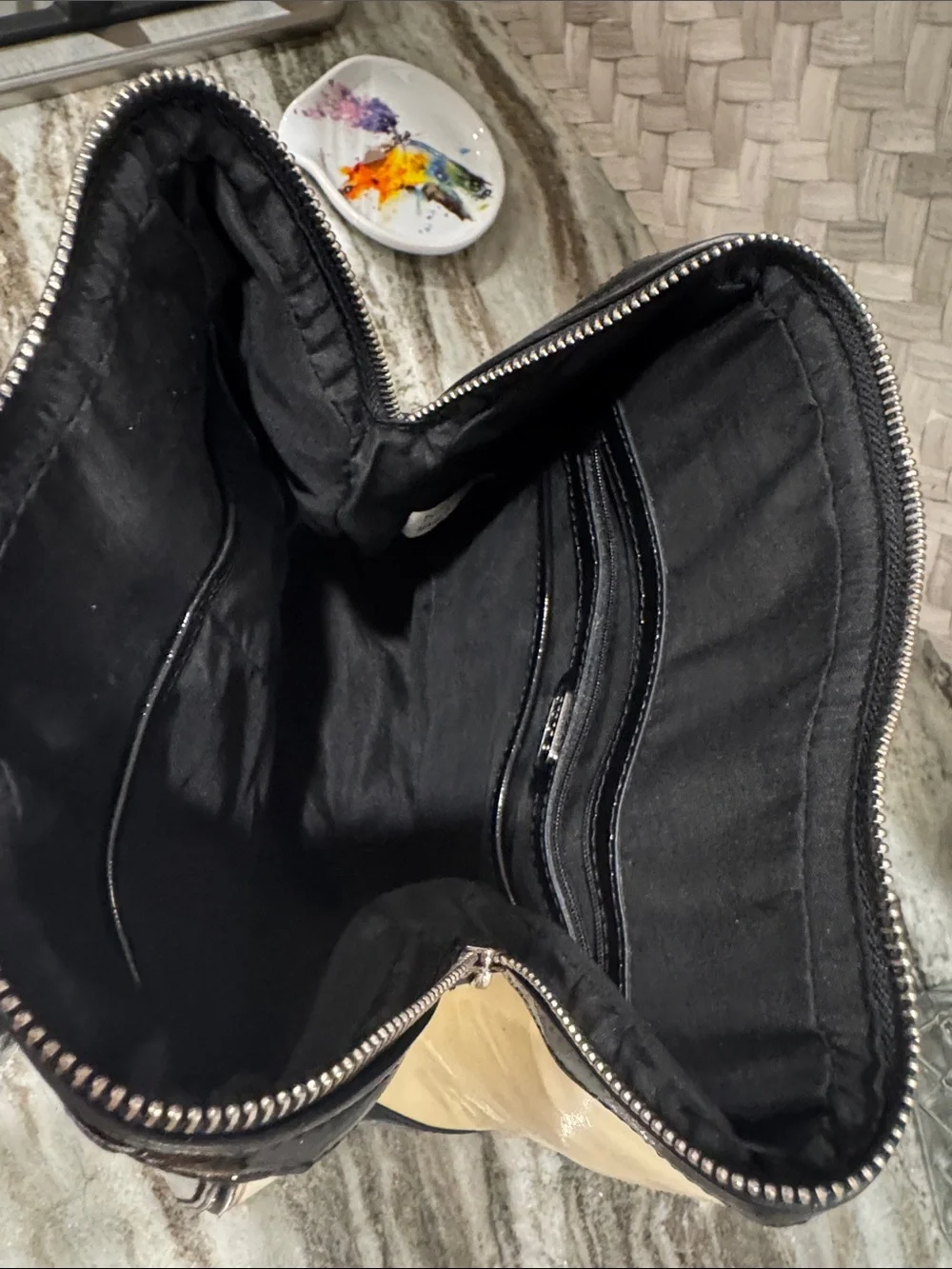 Patent Black and Cream Satchel with Silver Accents